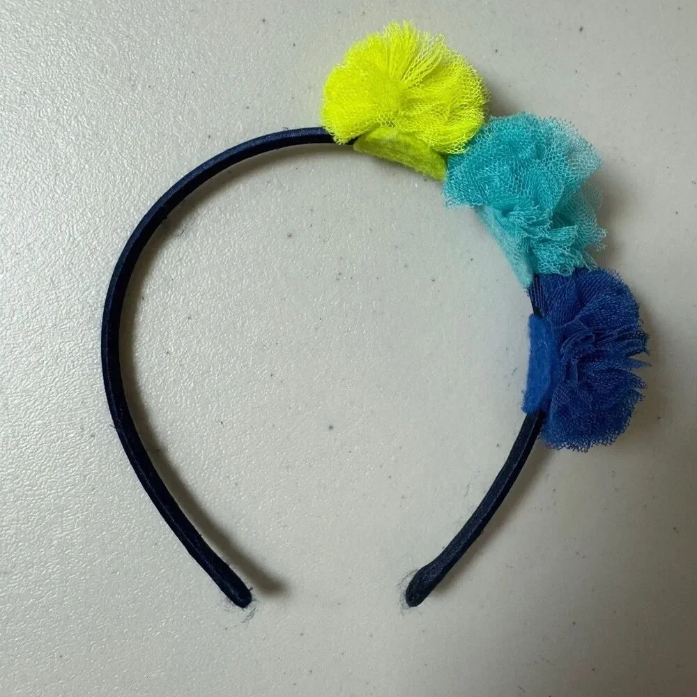 Girls Headband Navy Tulle PomPom Blue Turquoise Yellow Playful Statement Fun